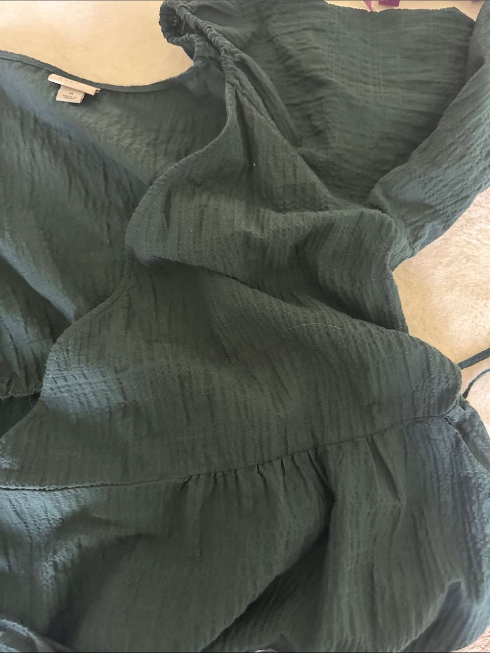 Dark Green Puff Sleeve Wrap Mini Dress - Picture 7 of 8